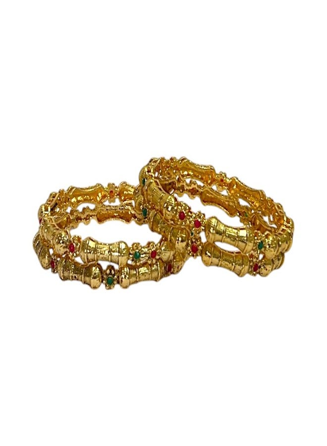 ACCESSHER Gold-Plated Traditional Bangles Set with Red & Green Stone Floral Design | Bridal & Festive Indian Jewelry for Women & Girls | (Pack of 4) - Image 1