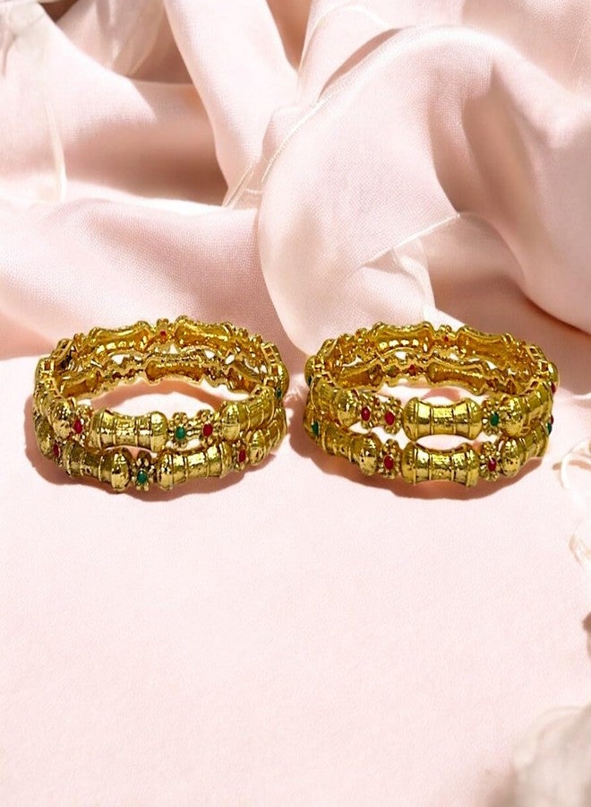 ACCESSHER Gold-Plated Traditional Bangles Set with Red & Green Stone Floral Design | Bridal & Festive Indian Jewelry for Women & Girls | (Pack of 4) - Image 4