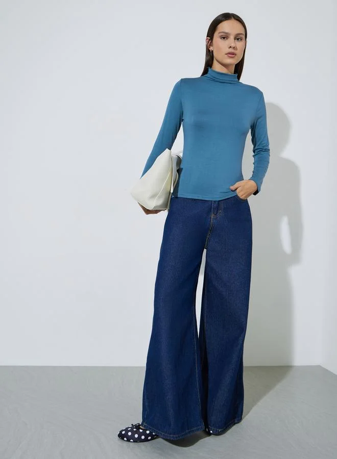Styli Blue Solid High Neck Knit Top