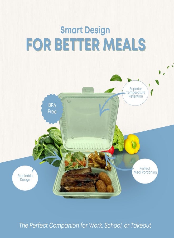FSE Reusable to Go Take Out Container, 3-Compartment Meal Prep Box 9" x 9" x 2.5", Polypropylene, Microwave & Dishwasher Safe, Stackable Food Storage Container (Green) - Image 5