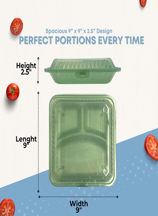 FSE Reusable to Go Take Out Container, 3-Compartment Meal Prep Box 9" x 9" x 2.5", Polypropylene, Microwave & Dishwasher Safe, Stackable Food Storage Container (Green) - Image 3