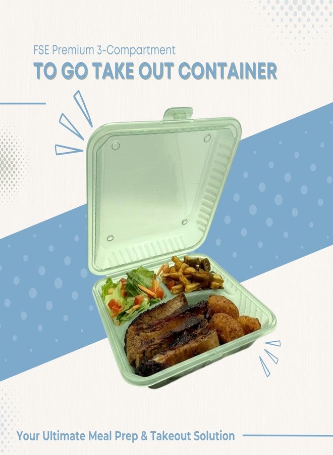 FSE Reusable to Go Take Out Container, 3-Compartment Meal Prep Box 9" x 9" x 2.5", Polypropylene, Microwave & Dishwasher Safe, Stackable Food Storage Container (Green) - Image 2