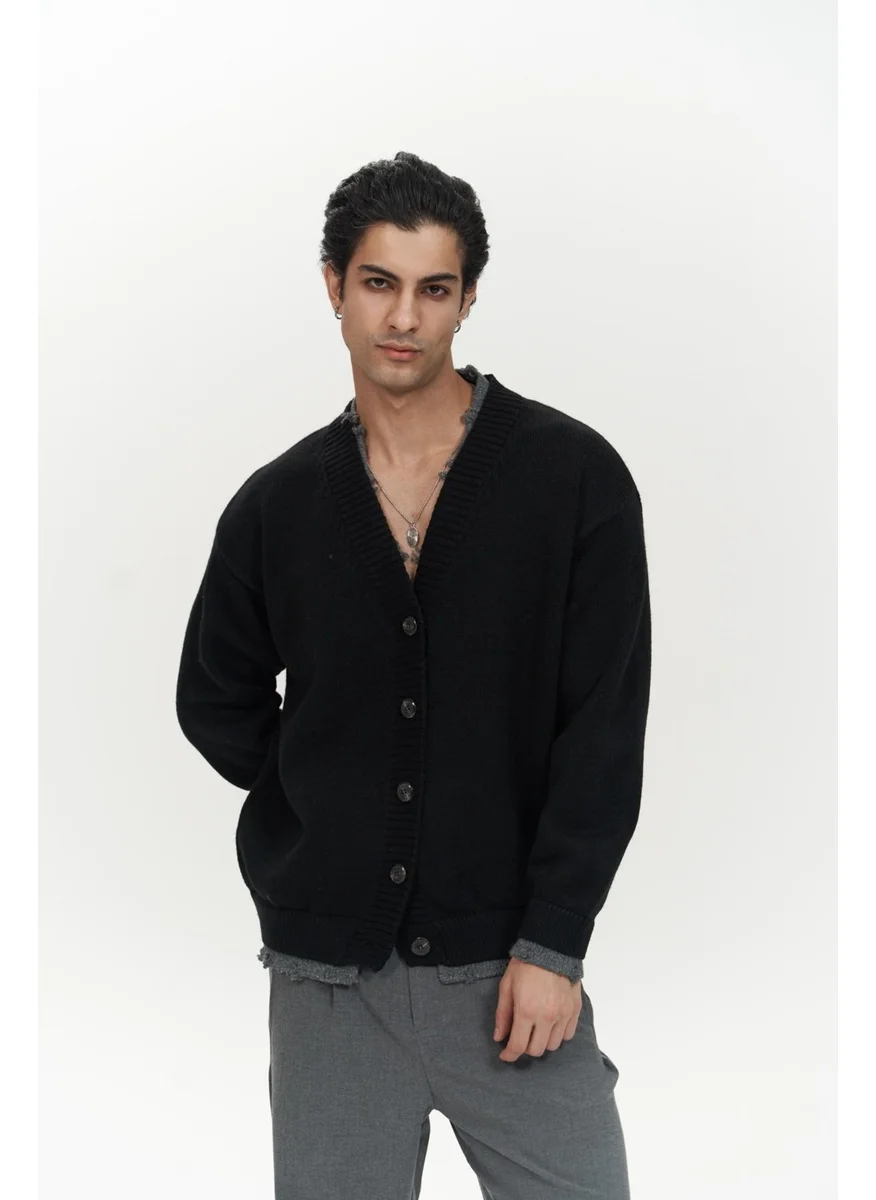Mai Collection Raid Double Collar Black Men's Knitwear Cardigan