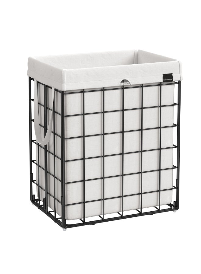 SONGMICS 90L Laundry Basket, Collapsible Washing Basket, Laundry Hamper, Removable and Washable Bag, Metal Wire Frame, for Bedroom Bathroom, Black and White - Image 1
