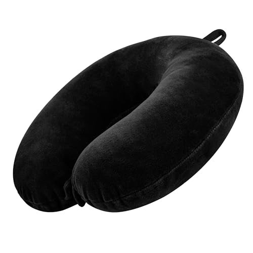GREELI U Shaped Neck Pillow Soft Fiber Filled Travel Cushion with Snap Button, Comfortable Fabric, Neck Support for Flight, Bus, Car, Neck Pillow for Pain Relief (Black) - Image 1