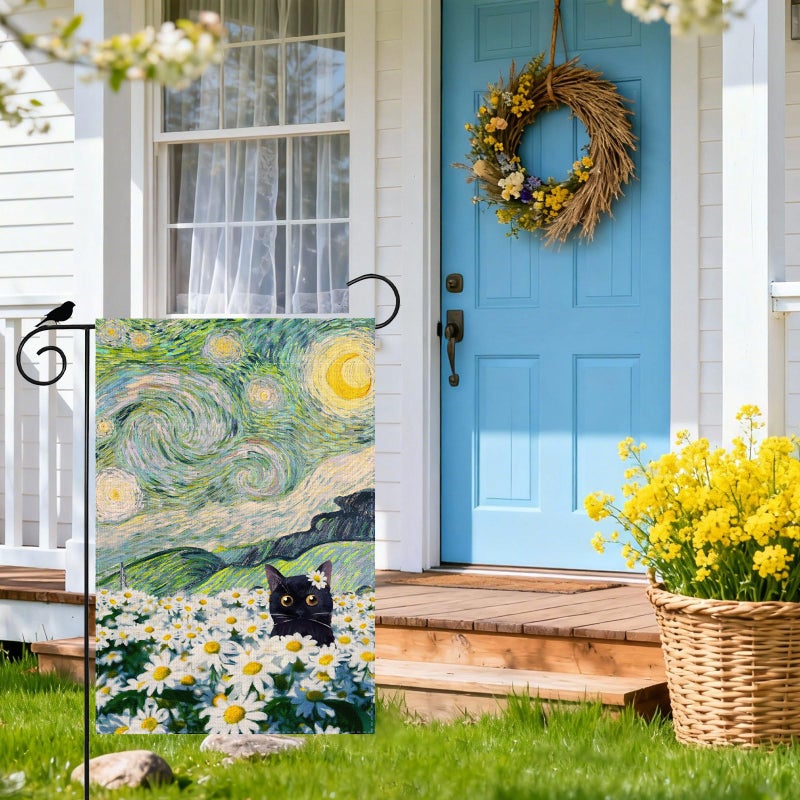 ZAEW Oil Painting Starry Night Sky Moon Cat Flowers Spring Garden Flag Yard Flag 12x18 Inch Double Sided Small Mini Yard Outdoor Outside Holiday Decoration - Image 3