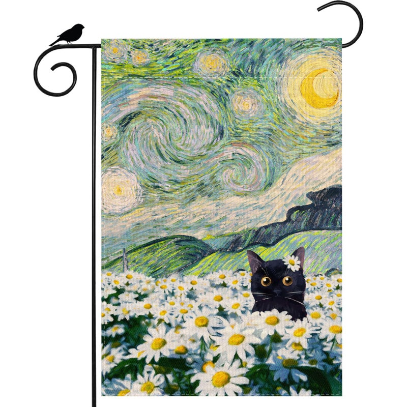 ZAEW Oil Painting Starry Night Sky Moon Cat Flowers Spring Garden Flag Yard Flag 12x18 Inch Double Sided Small Mini Yard Outdoor Outside Holiday Decoration - Image 1