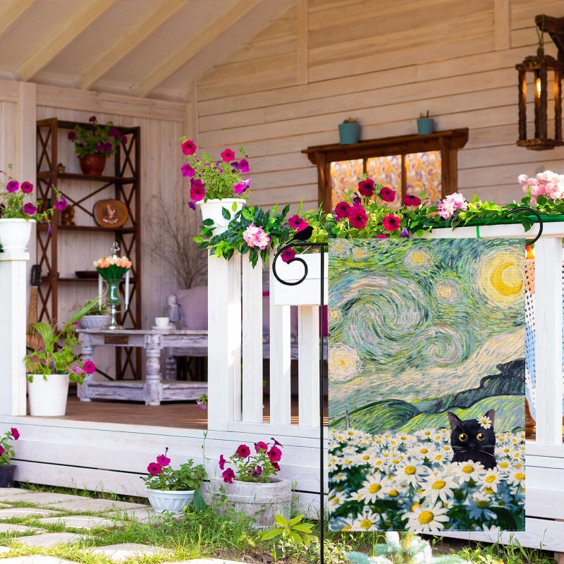 ZAEW Oil Painting Starry Night Sky Moon Cat Flowers Spring Garden Flag Yard Flag 12x18 Inch Double Sided Small Mini Yard Outdoor Outside Holiday Decoration - Image 4
