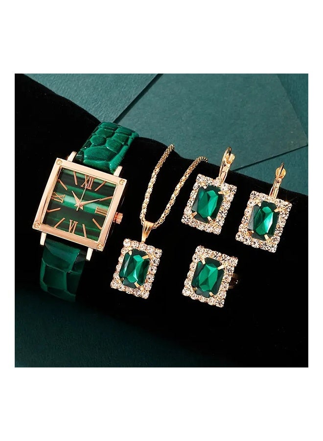 ليمون طقم ساعات نسائية أنيق من 4 قطع، يتضمن ساعة وخاتمًا وقلادة وأقراطًا، بتصميم عصري وأنيق، وتصميم فاخر مرصع بالألماس، مناسب للارتداء كهدية. - Image 1