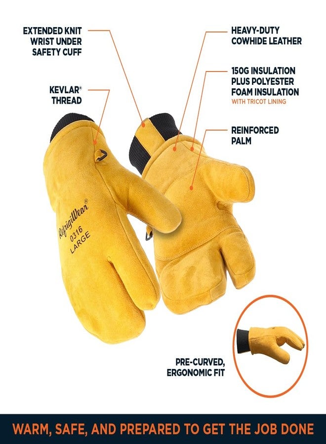 RefrigiWear 3-Finger Heavy Duty Insulated Leather Mitt Work Glove with Double Cuff, Gold - Large - Image 3