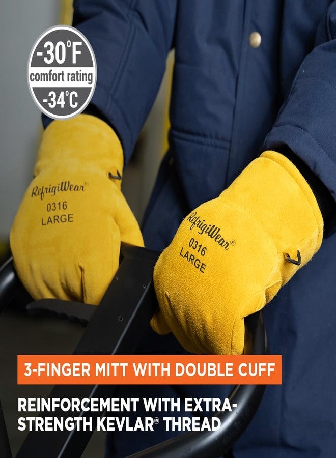RefrigiWear 3-Finger Heavy Duty Insulated Leather Mitt Work Glove with Double Cuff, Gold - Large - Image 2