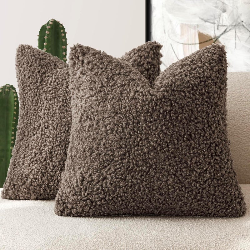 Foindtower 2 Pieces 24x24 Inch Chocolate, Faux Fur Throw Pillow Cover Accent Sherpa Pillow Fuzzy Soft Pillowcases Sheepskin Decorative Fleece Cushion Case for Bed Couch Living Room - Image 1