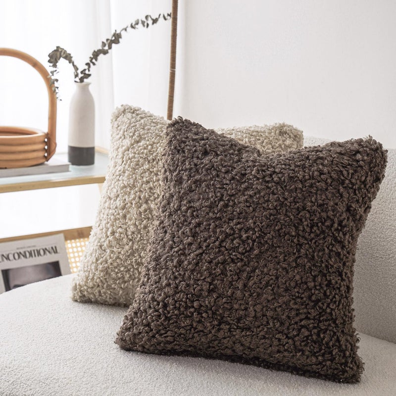 Foindtower 2 Pieces 24x24 Inch Chocolate, Faux Fur Throw Pillow Cover Accent Sherpa Pillow Fuzzy Soft Pillowcases Sheepskin Decorative Fleece Cushion Case for Bed Couch Living Room - Image 4