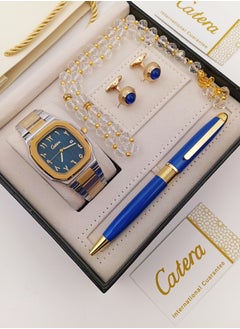 Watch set with silver and gold bracelet and blue dial