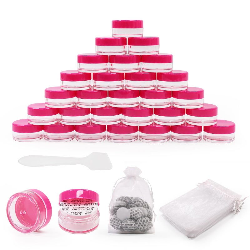 SumDirect 5 Gram Cosmetic Containers 100Pcs Sample Jars with Hotpink Lids Small Plastic Makeup Sample Containers with Organza 10 Pcs Bags and a Scoop