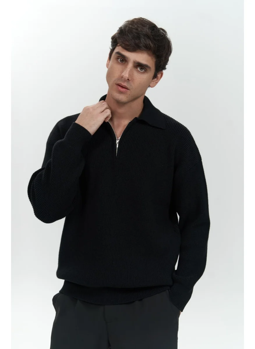 Mai Collection Oberon Polo Collar Half Zipper Black Men's Knitwear Sweater