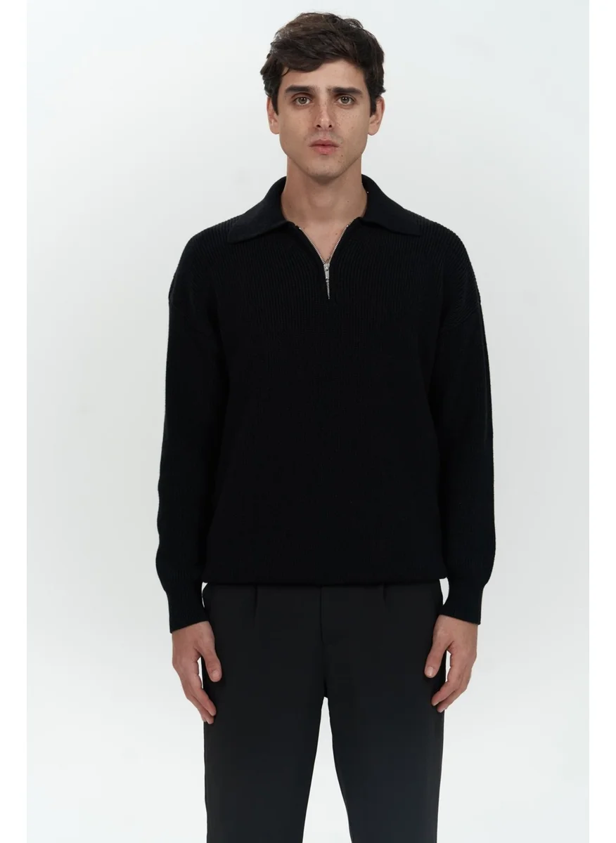 Mai Collection Oberon Polo Collar Half Zipper Black Men's Knitwear Sweater