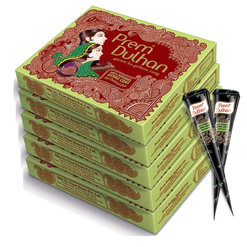 Prem Dulhan Natural HennaBased Mehendi Cones Set Pack of 5 60 Cones for Hand Designing  ChemicalFree Perfect for Weddings  Traditional Occasions  Green Day Box for Women  Girls - Image 1