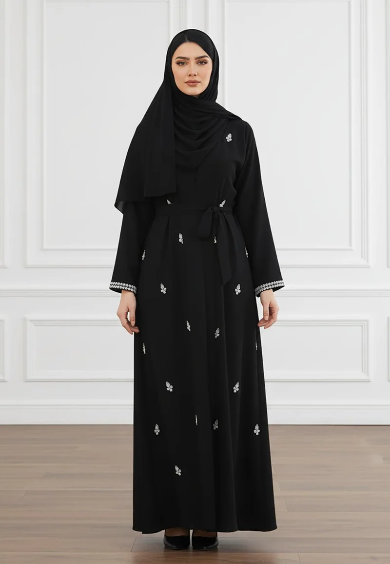 النخبة Luxurious 2-Piece Embellished Abaya Set | Intricate Beads Work with Matching Inner Dress | Nida Fabric-2P822