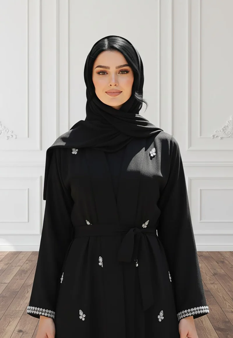 النخبة Luxurious 2-Piece Embellished Abaya Set | Intricate Beads Work with Matching Inner Dress | Nida Fabric-2P822