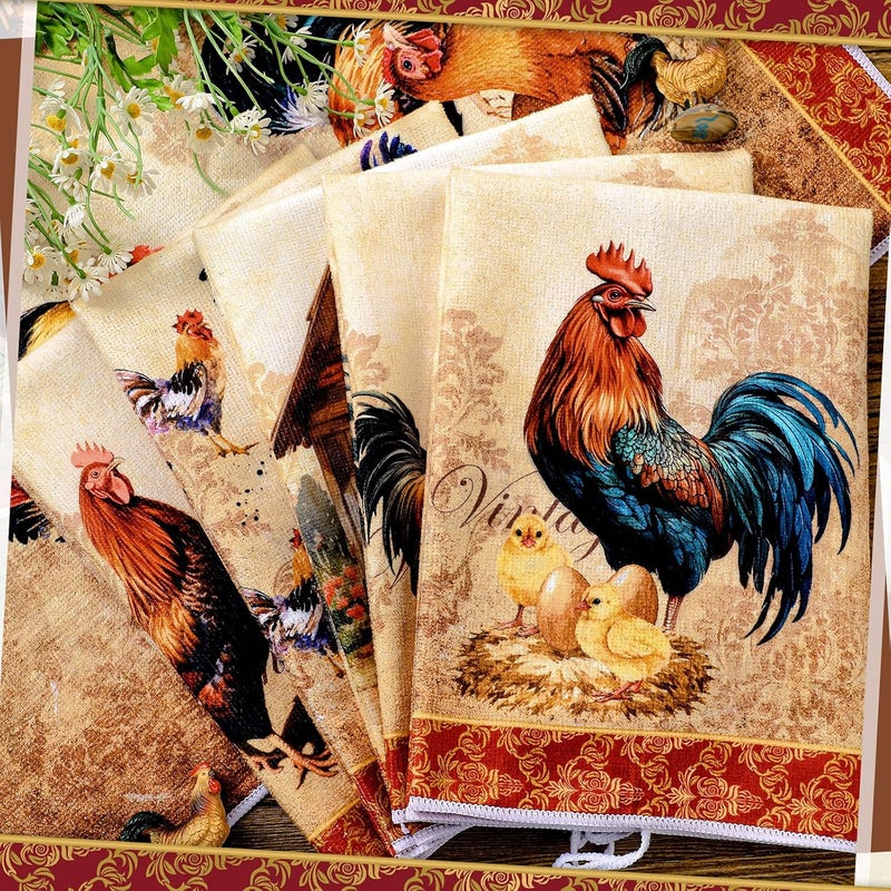 Bencailor 6 Pcs Kitchen Towels Absorbent Dish Towels Decorative Tea Towels Fast Drying Dish Cloths Hanging Reusable Cleaning Dishcloths for Cooking Baking Housewarming (Golden Brown,Rooster) - Image 4