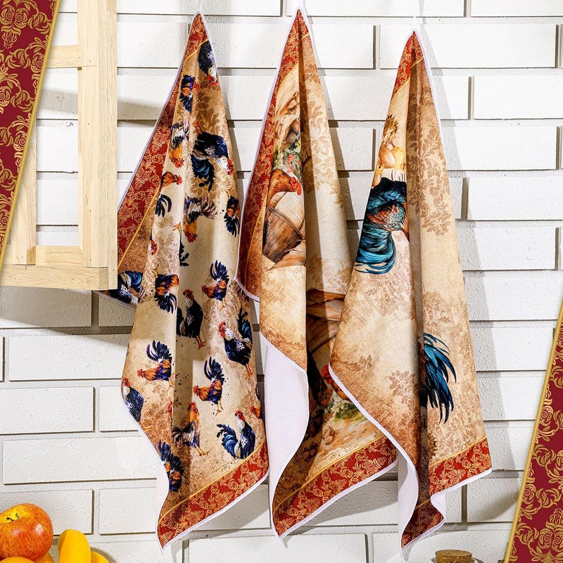 Bencailor 6 Pcs Kitchen Towels Absorbent Dish Towels Decorative Tea Towels Fast Drying Dish Cloths Hanging Reusable Cleaning Dishcloths for Cooking Baking Housewarming (Golden Brown,Rooster) - Image 2