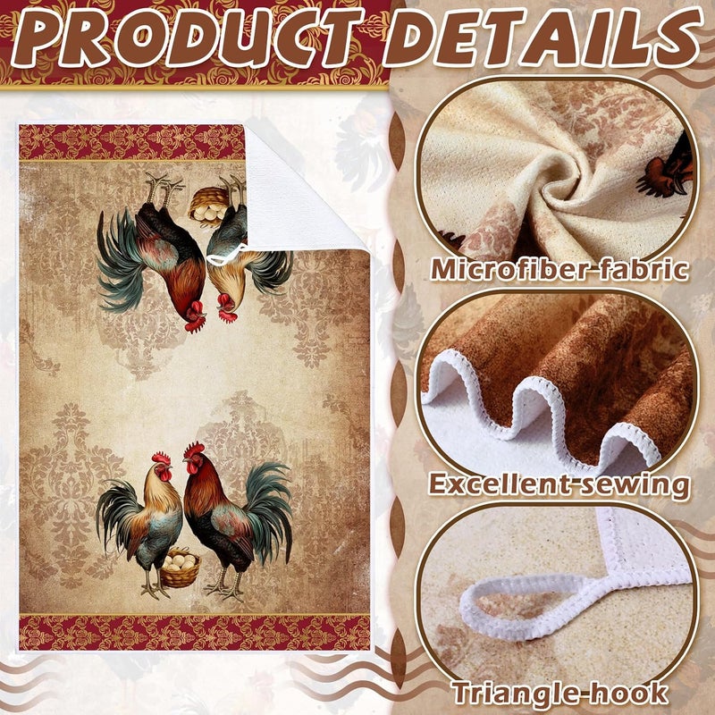 Bencailor 6 Pcs Kitchen Towels Absorbent Dish Towels Decorative Tea Towels Fast Drying Dish Cloths Hanging Reusable Cleaning Dishcloths for Cooking Baking Housewarming (Golden Brown,Rooster) - Image 5