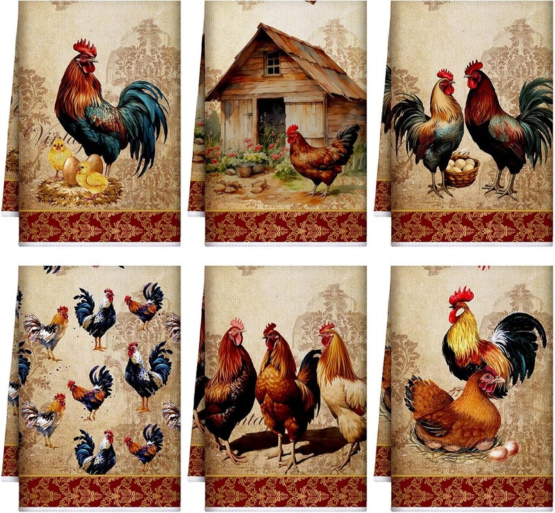 Bencailor 6 Pcs Kitchen Towels Absorbent Dish Towels Decorative Tea Towels Fast Drying Dish Cloths Hanging Reusable Cleaning Dishcloths for Cooking Baking Housewarming (Golden Brown,Rooster) - Image 1