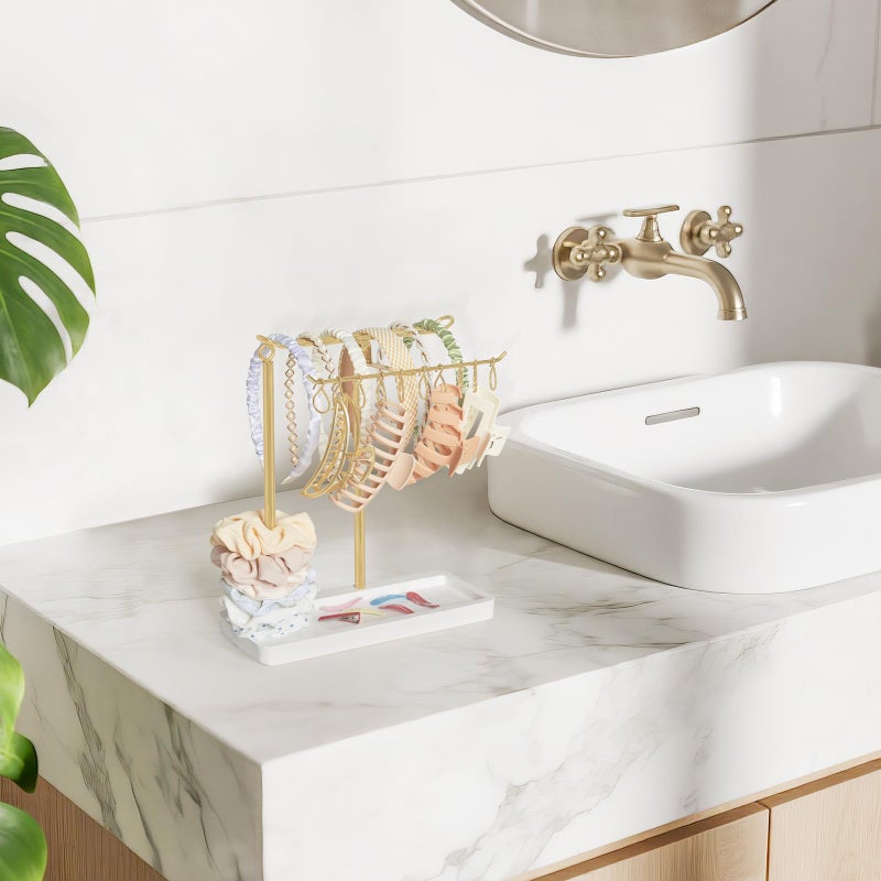 Dahey Headband Holder Multifunctional Hair Accessories Organizer Display Hairbands Claw Clips Scrunchie Metal Storage Stand Stylish Bedroom Dorm Bathroom Vanity Decor for Girls Women, Gold - Image 4