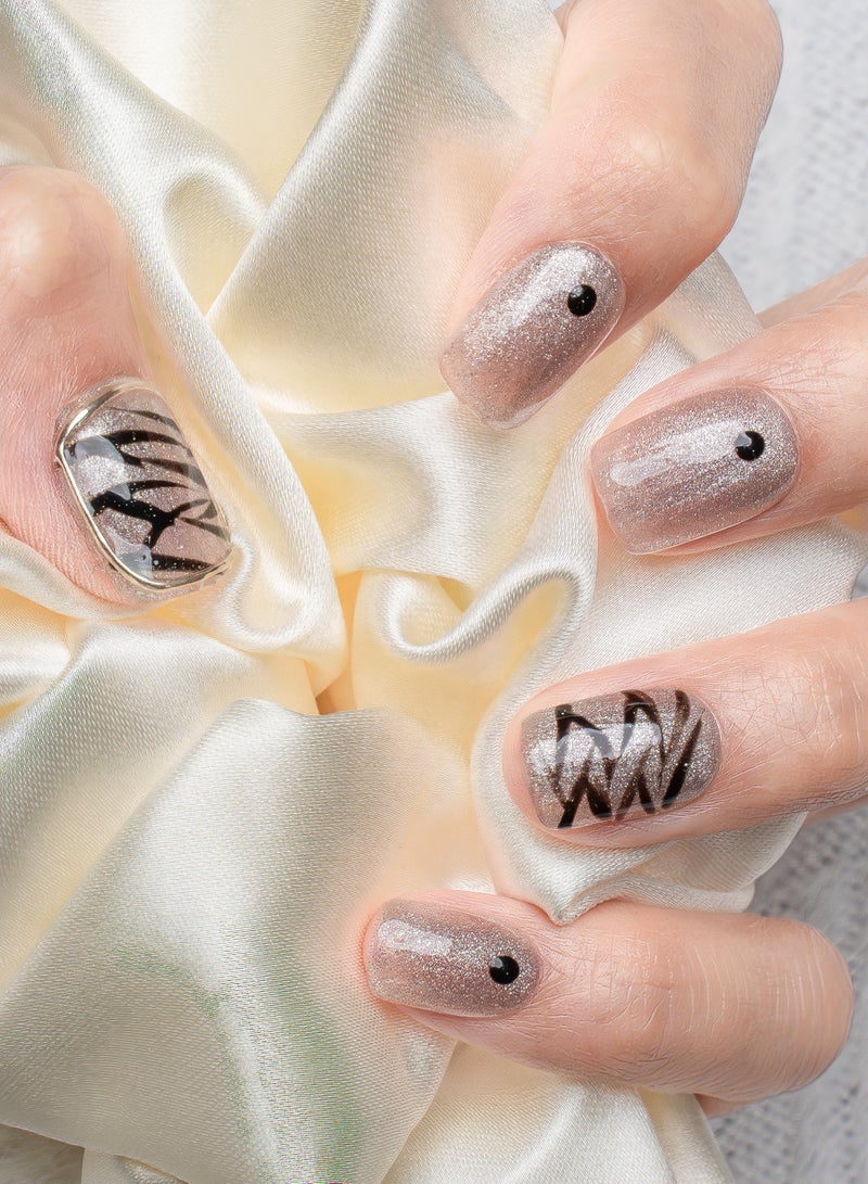Nailosophy 10 Pcs Handmade Gel Press On Nails Short Squoval Zebra Print Nude Beige Glitter Reusable False Nails Nail Kit for Women Party Wedding Eid Special Occasions - Image 1