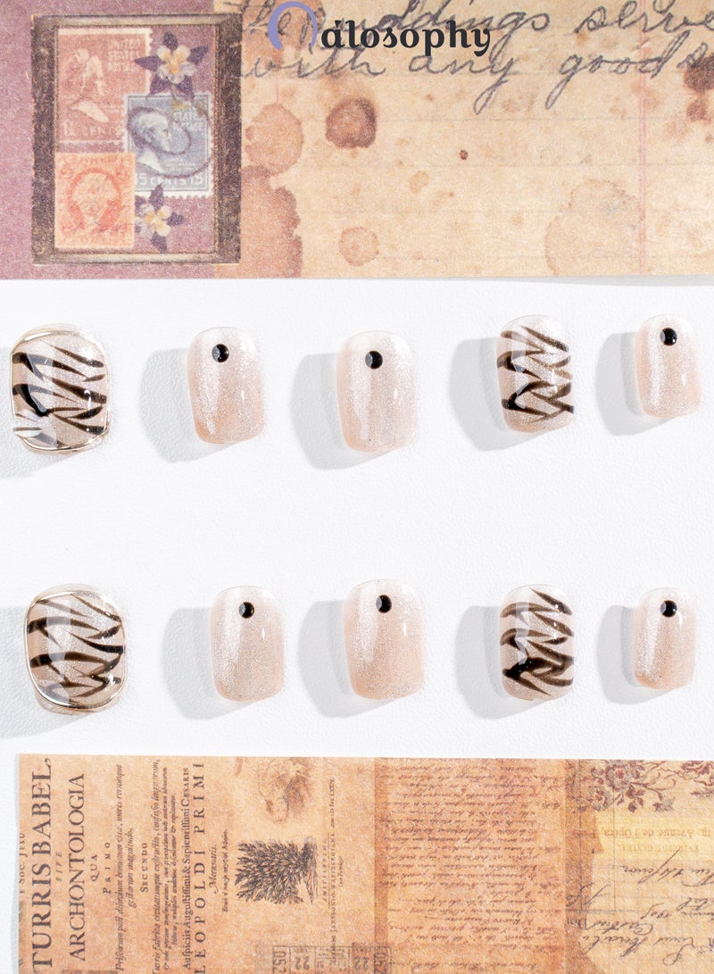 Nailosophy 10 Pcs Handmade Gel Press On Nails Short Squoval Zebra Print Nude Beige Glitter Reusable False Nails Nail Kit for Women Party Wedding Eid Special Occasions - Image 2