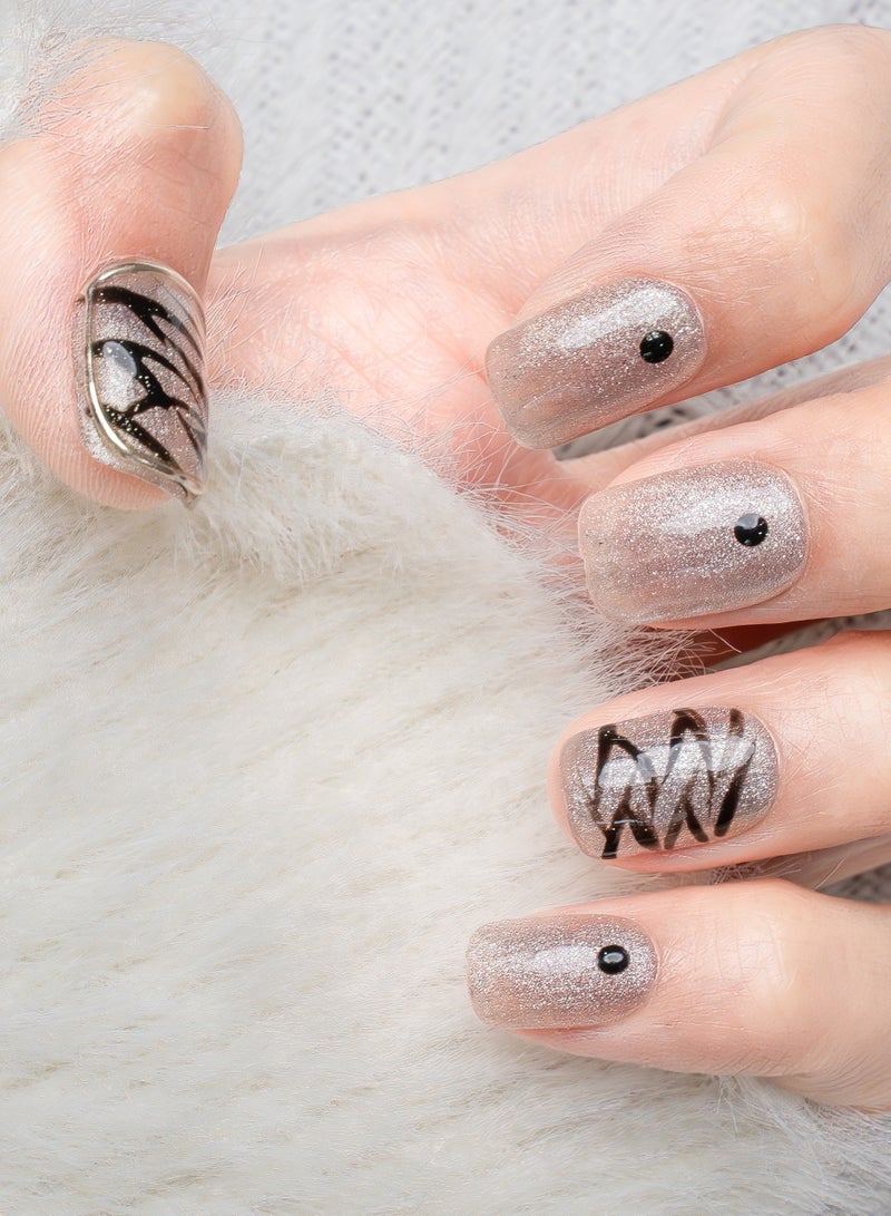 Nailosophy 10 Pcs Handmade Gel Press On Nails Short Squoval Zebra Print Nude Beige Glitter Reusable False Nails Nail Kit for Women Party Wedding Eid Special Occasions - Image 3