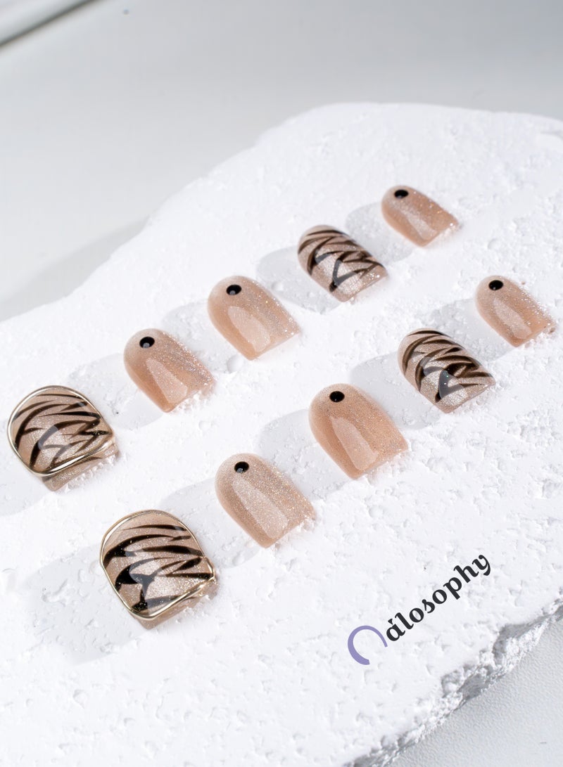 Nailosophy 10 Pcs Handmade Gel Press On Nails Short Squoval Zebra Print Nude Beige Glitter Reusable False Nails Nail Kit for Women Party Wedding Eid Special Occasions - Image 4
