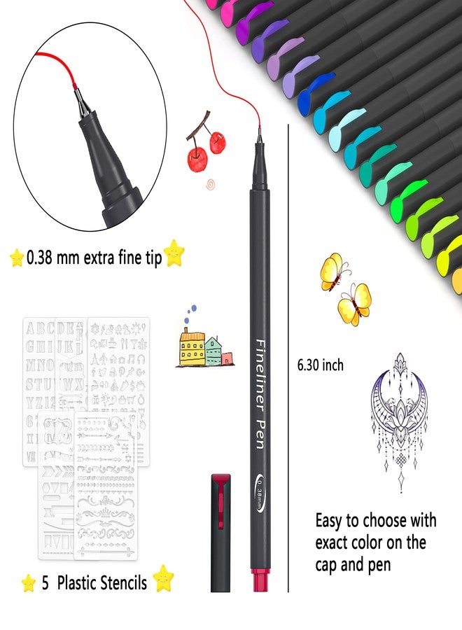 Tebik 65 Pack Planner Colored Pens, 60 Assorted Colors Drawing Pens with 5 Different Stencils, Perfect for Dotted Journal Planner Writing Note Calendar Coloring Office School Supplies - Image 3