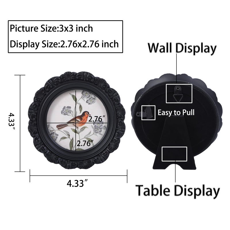 LIHOLO Antique Picture Frames 3x3 Vintage Frames Mini Pictures Frames Black Round Frames Bird Picture Frames
