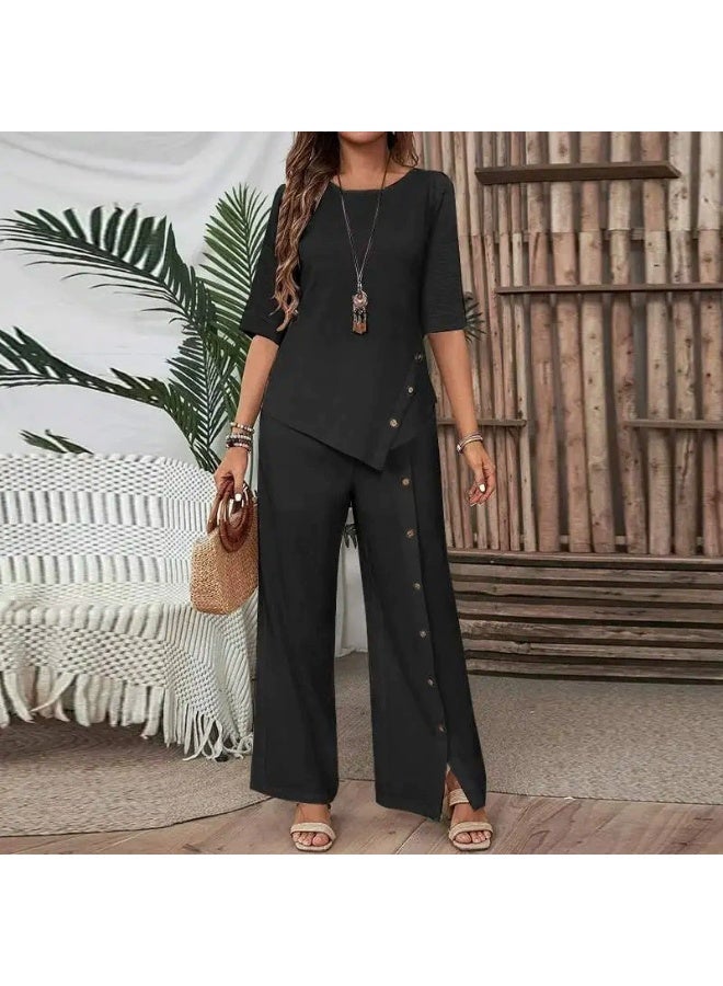 general 2025-2026 Women's Irregular Hemmed Pants Set - Elegant and Fashionable Casual Buttoned Half-Sleeve Shirt Loose Two-Piece Set - Image 1