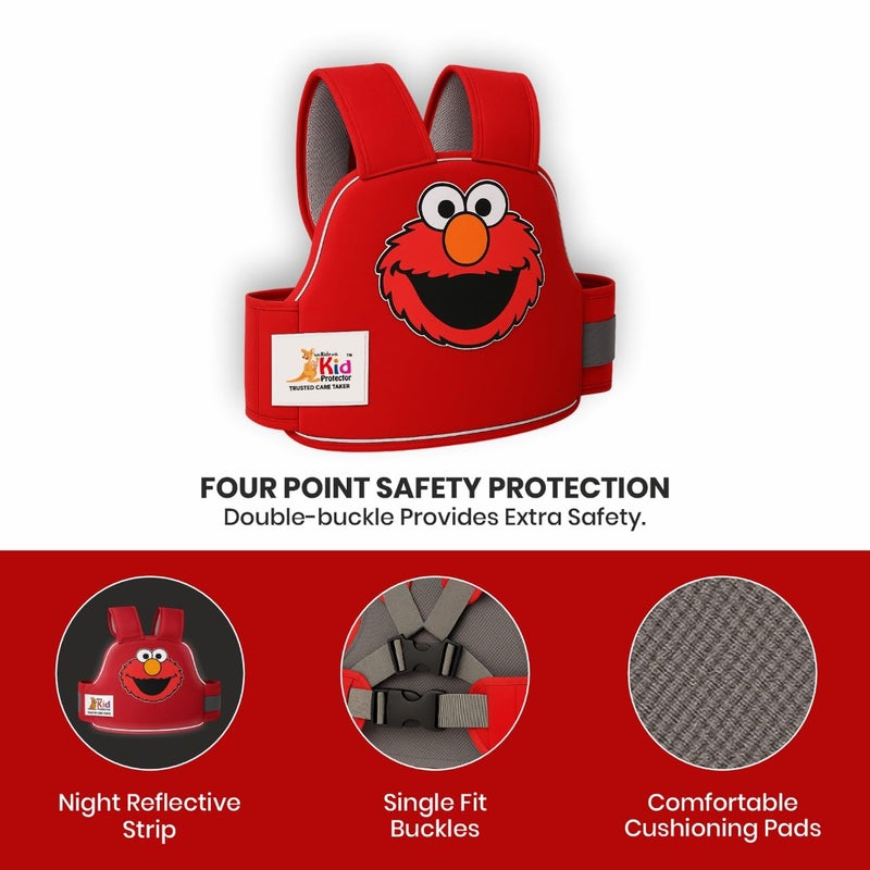 Kid Protector حزام أمان للأطفال للدراجات ذات العجلتين | حزام 4 نقاط | قابل للتعديل (35-90 سم) | شرائط عاكسة | العمر 2-7 | حزام دراجة، سكوتر | قماش قوي ودائم (أحمر) - Image 3