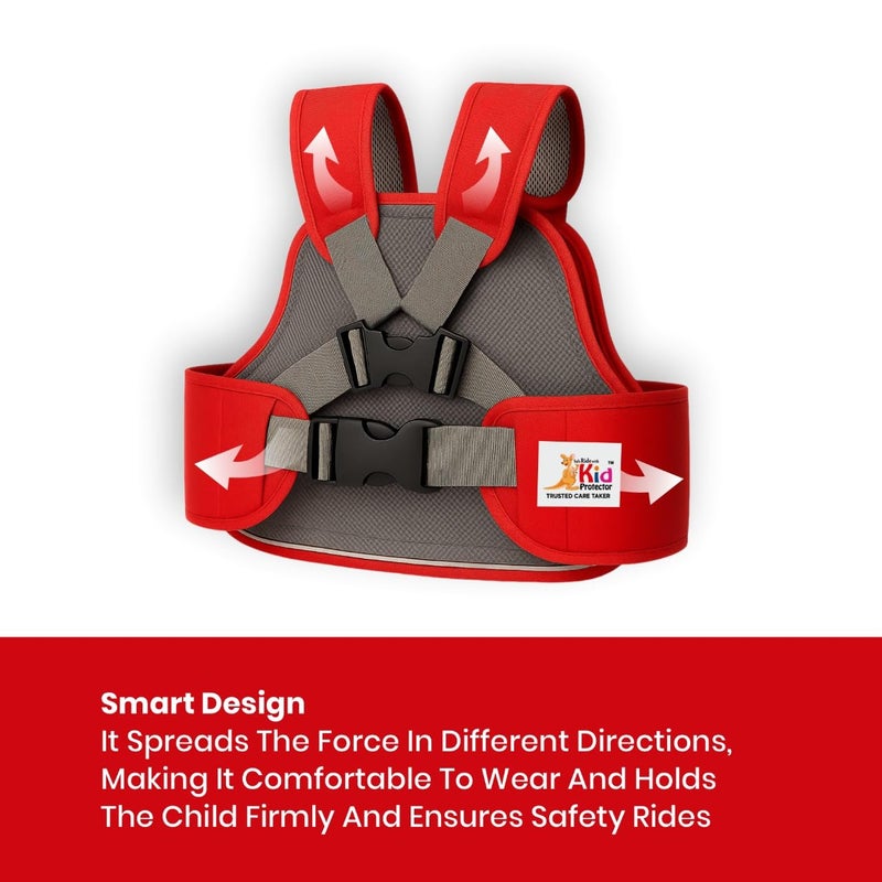 Kid Protector حزام أمان للأطفال للدراجات ذات العجلتين | حزام 4 نقاط | قابل للتعديل (35-90 سم) | شرائط عاكسة | العمر 2-7 | حزام دراجة، سكوتر | قماش قوي ودائم (أحمر) - Image 5