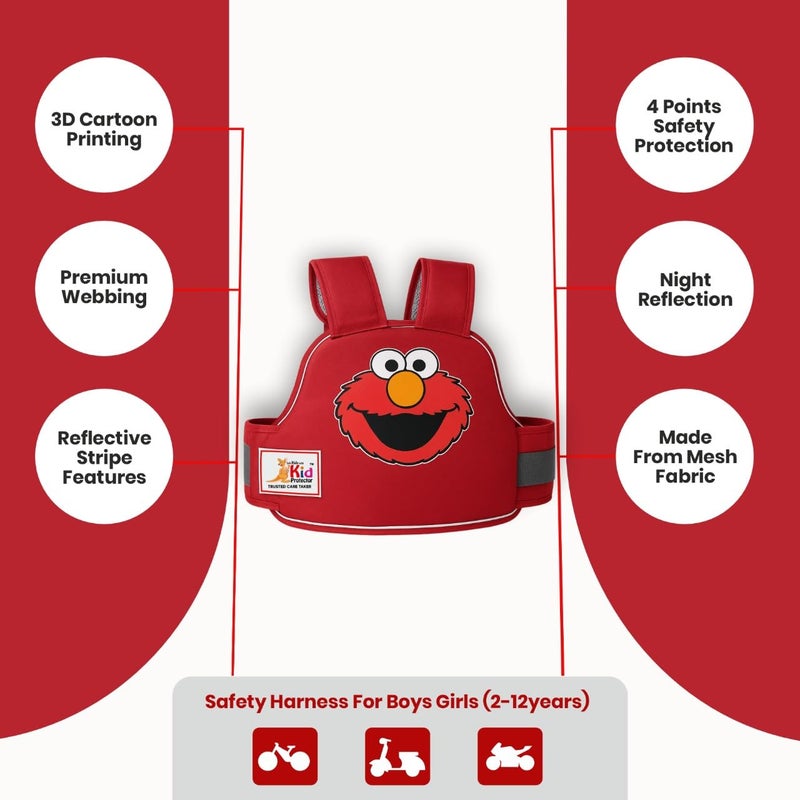 Kid Protector حزام أمان للأطفال للدراجات ذات العجلتين | حزام 4 نقاط | قابل للتعديل (35-90 سم) | شرائط عاكسة | العمر 2-7 | حزام دراجة، سكوتر | قماش قوي ودائم (أحمر) - Image 4