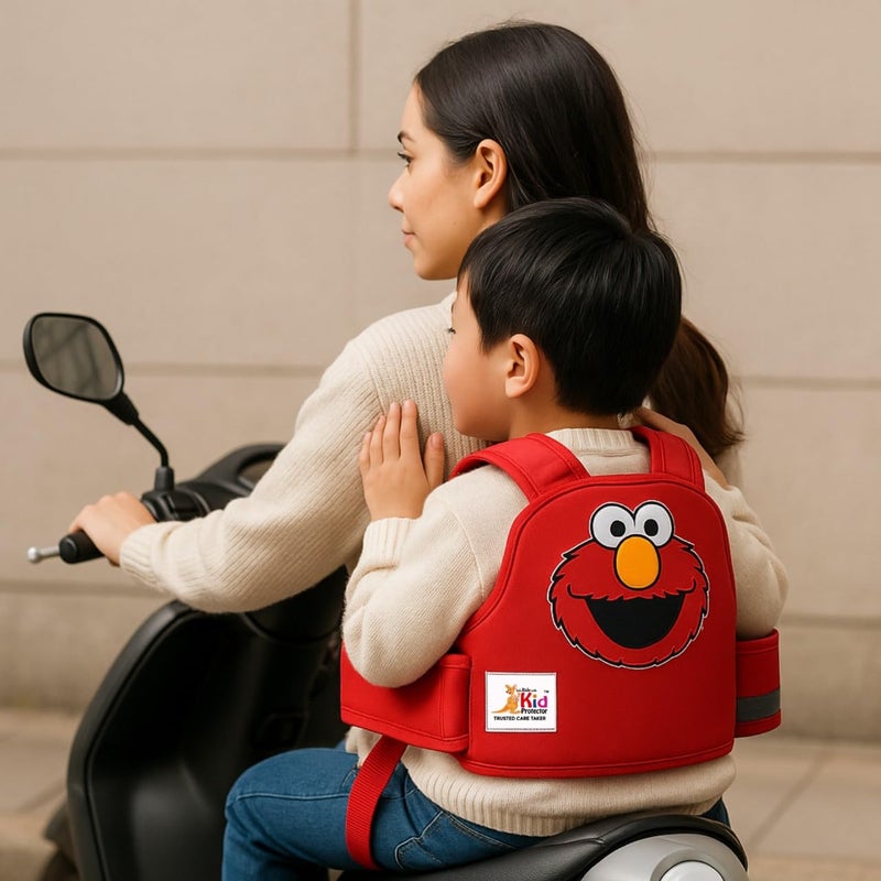 Kid Protector حزام أمان للأطفال للدراجات ذات العجلتين | حزام 4 نقاط | قابل للتعديل (35-90 سم) | شرائط عاكسة | العمر 2-7 | حزام دراجة، سكوتر | قماش قوي ودائم (أحمر) - Image 1
