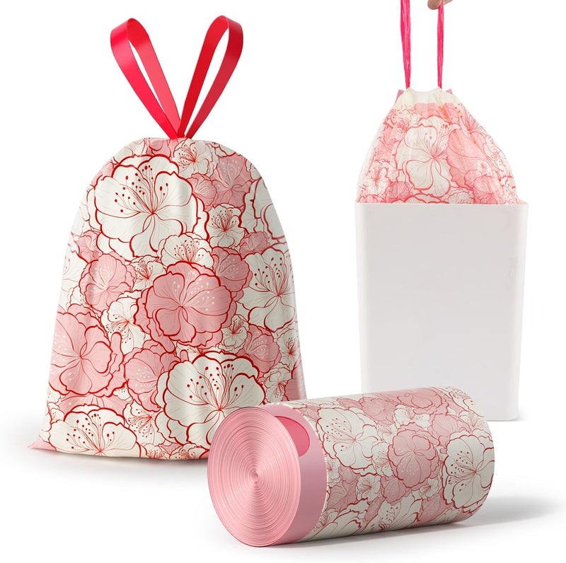 KASTWAVE 4 Gallon Trash Bags with Drawstring - Tear-Resistant, Colorful Small Garbage Bags with Plum Blossom Print - Strong & Portable Kitchen, Bathroom, Office Trash Can Liners, 30 Count - Image 1
