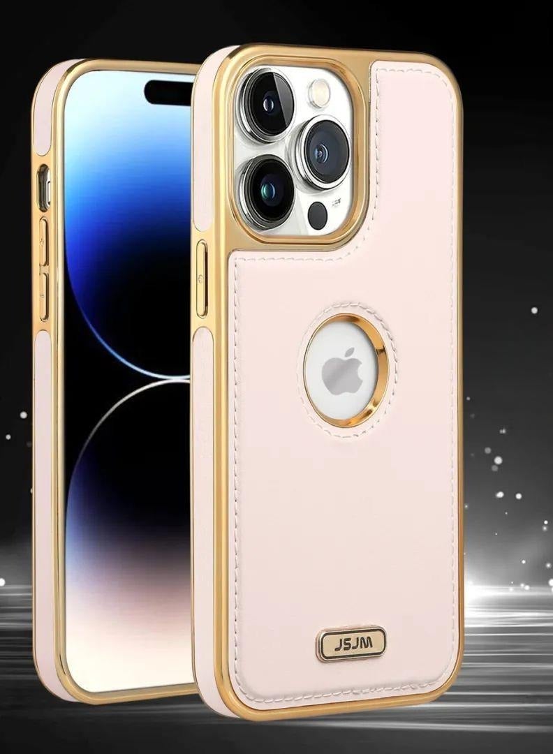 JSJM Upscale 12 Pro Max Luxury Premium Leather Back Cover Soft Protective Mobile Phone Case Pink/Gold