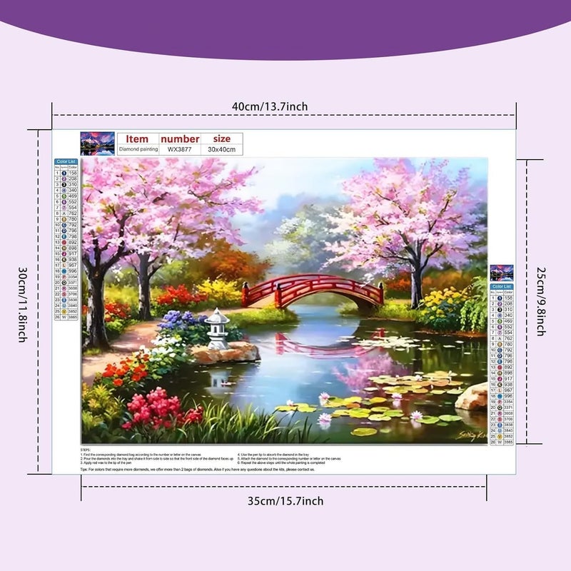 LOCANS LOCANS Diamond Art Kit, 5D Diamond Painting kit,Bridge Peach Tree Spring Pool Lotus Pond 5D Diamond Painting Set, Perfect for Relaxation and Home Wall Decor 30x40 cm (River Bridge)  - Image 2