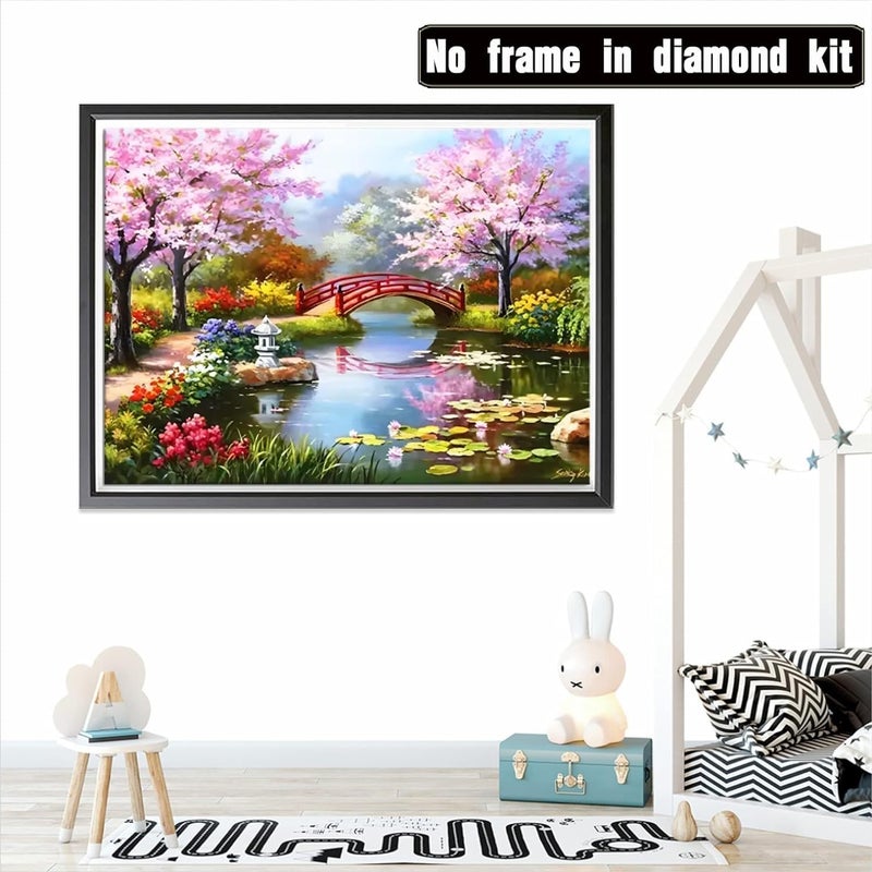 LOCANS LOCANS Diamond Art Kit, 5D Diamond Painting kit,Bridge Peach Tree Spring Pool Lotus Pond 5D Diamond Painting Set, Perfect for Relaxation and Home Wall Decor 30x40 cm (River Bridge)  - Image 5