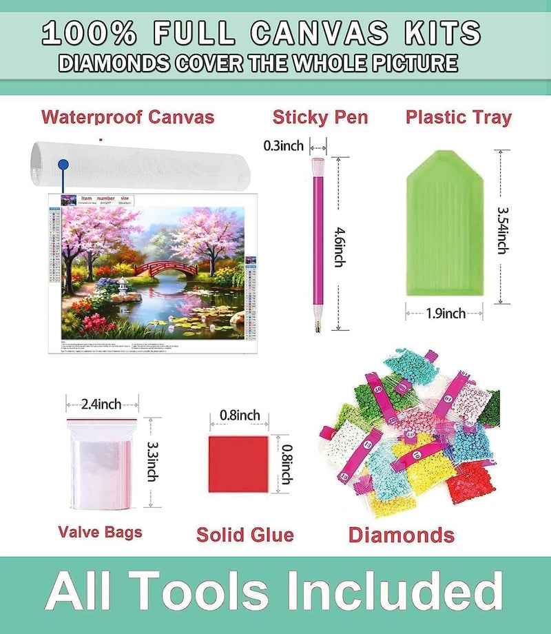 LOCANS LOCANS Diamond Art Kit, 5D Diamond Painting kit,Bridge Peach Tree Spring Pool Lotus Pond 5D Diamond Painting Set, Perfect for Relaxation and Home Wall Decor 30x40 cm (River Bridge)  - Image 3