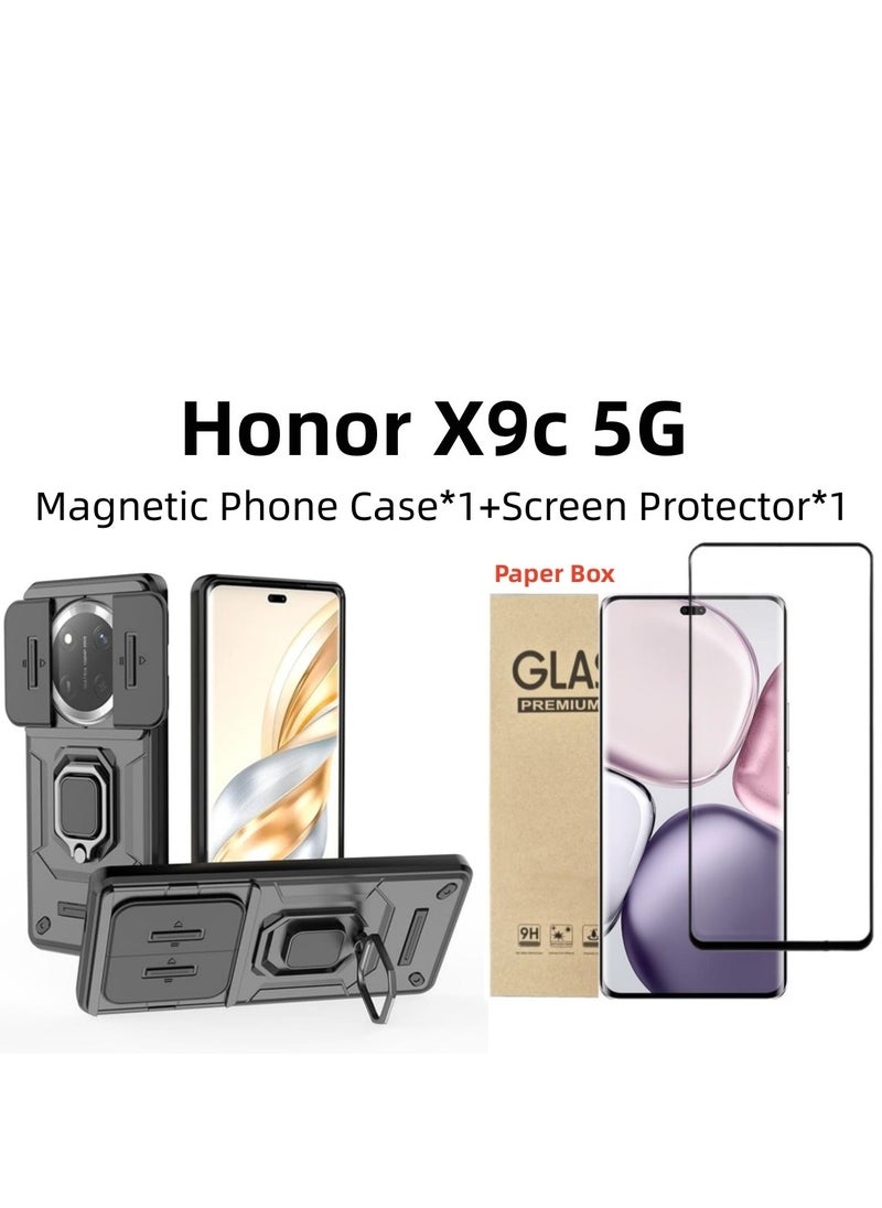 Generic [1+1 Sets] For Honor X9c 5G Case & Screen Protector Built Slide Camera Protection Cover Heavy Duty Protective Phone Case with Tempered Glass Screen Protector  - Image 1