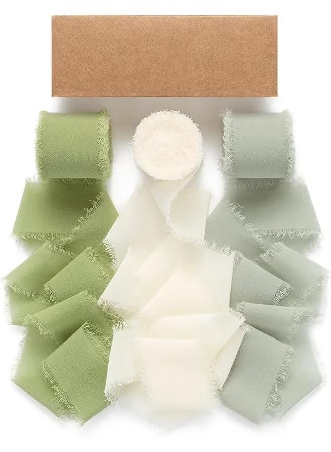 شو وو مجموعة من 3 لفات من شرائط الشيفون الحريرية ذات الحواف المصنوعة يدويًا باللونين الأخضر والكريمي لدعوات الزفاف وباقات الزفاف وتغليف الهدايا وديكورات العطلات، 4 سم × 5 م - Image 1