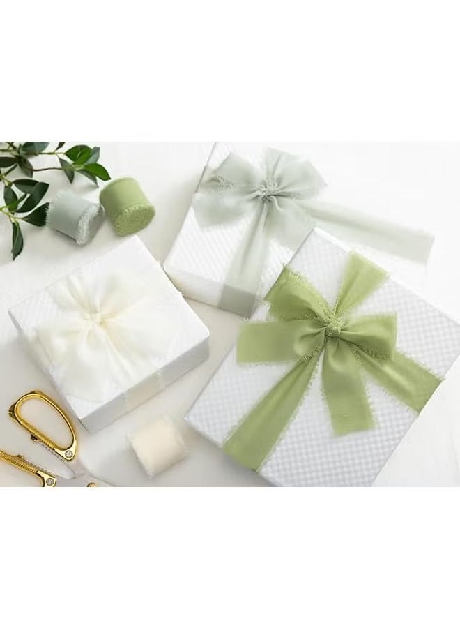 شو وو مجموعة من 3 لفات من شرائط الشيفون الحريرية ذات الحواف المصنوعة يدويًا باللونين الأخضر والكريمي لدعوات الزفاف وباقات الزفاف وتغليف الهدايا وديكورات العطلات، 4 سم × 5 م - Image 2