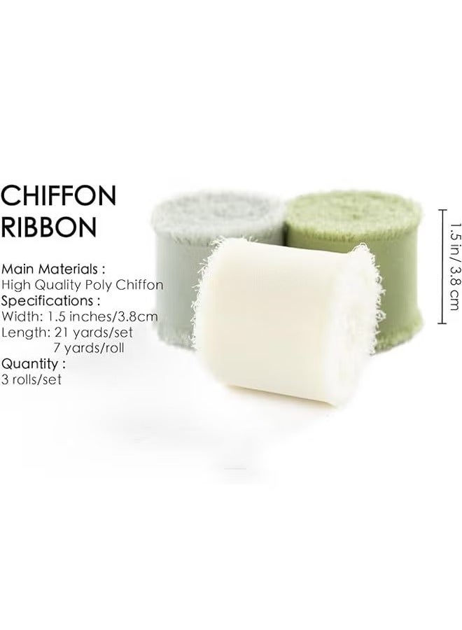 شو وو مجموعة من 3 لفات من شرائط الشيفون الحريرية ذات الحواف المصنوعة يدويًا باللونين الأخضر والكريمي لدعوات الزفاف وباقات الزفاف وتغليف الهدايا وديكورات العطلات، 4 سم × 5 م - Image 4