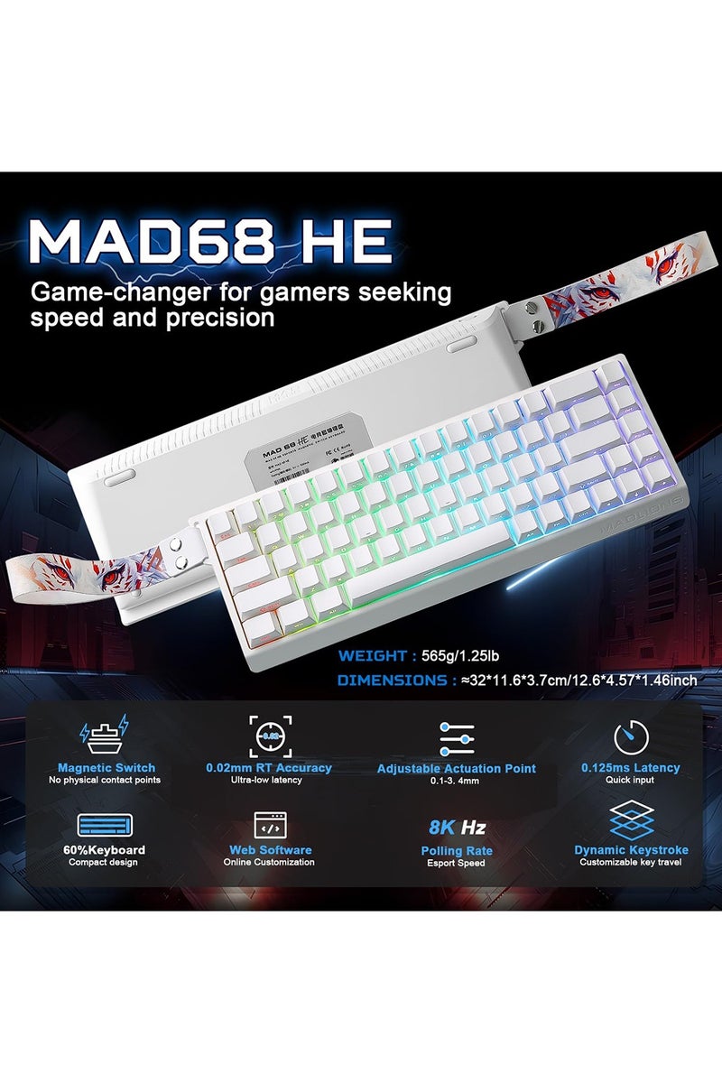 مادليونس لوحة المفاتيح الميكانيكية MAD 68 HE - لوحة ألعاب بنسبة 65% مزودة بتقنية التأثير المغناطيسي (هال إفكت) - تتميز بقابلية ضبط مسافة التشغيل (Adjustable Actuation) وتقنية الاستشعار السريع (Rapid Trigger)، معدل مسح 8000 هرتز، أغطية مفاتيح PBT مطبوعة جانبيًا، إضاءة RGB بـ 16 مليون لون مع تقنية التبديل الساخن (Hot-Swap) (اللون الأبيض، ومفاتيح مغناطيسية كهرمانية احترافية) - Image 2